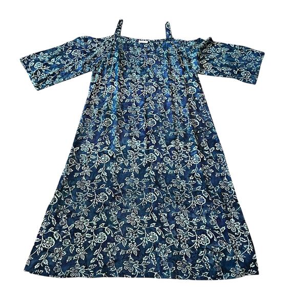Soft Surroundings Cold Shoulder Tropical Batik Print Maxi Dress Floral Blue L - Picture 2 of 11